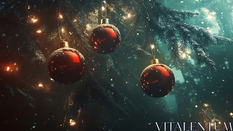 Macro closeup of red glass baubles on snowy lit fir branches