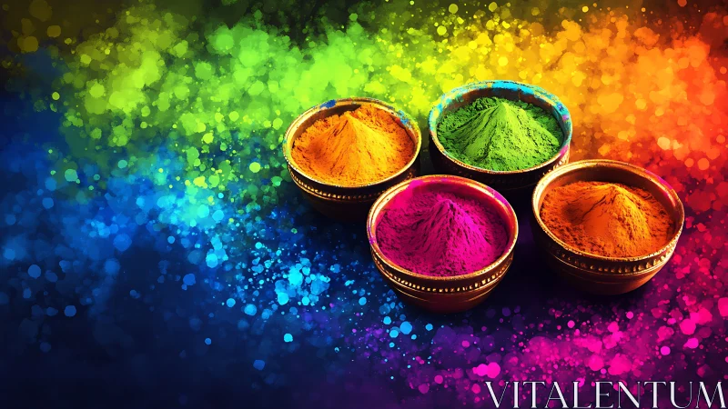Holi color powders glow over bokeh rainbow background.
