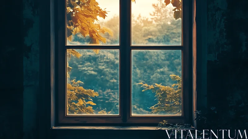 Window frame displays autumn foliage with layered forest vista