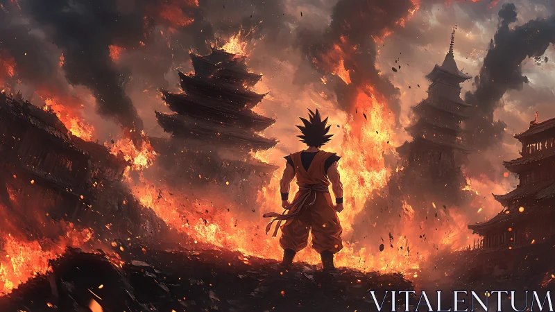 Figure observes burning pagodas within dense fire and smoke