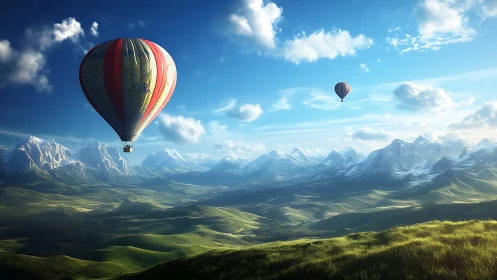 Hot air balloons drift above vast alpine valley panorama.