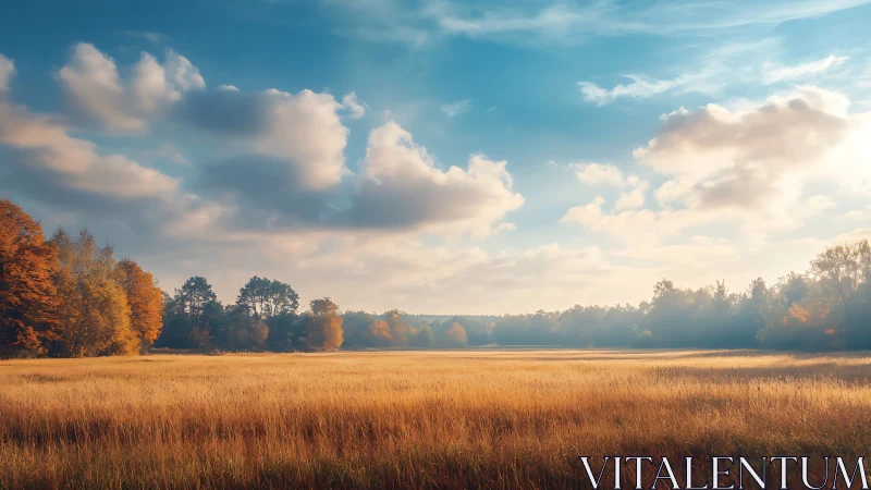 Low-angle autumn field under stratocumulus sky with warm rim lighting