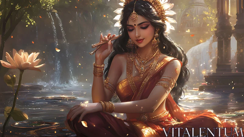 Divine river goddess in gold sari before cascading waterfalls