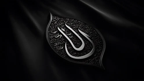 Monochrome Islamic calligraphy emblem with sculpted metallic relief.