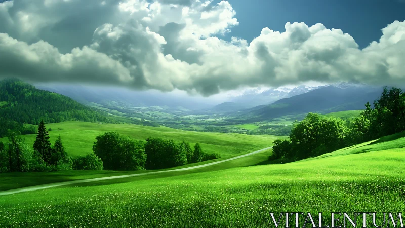 Rolling emerald meadows breathe beneath drifting cloud rivers