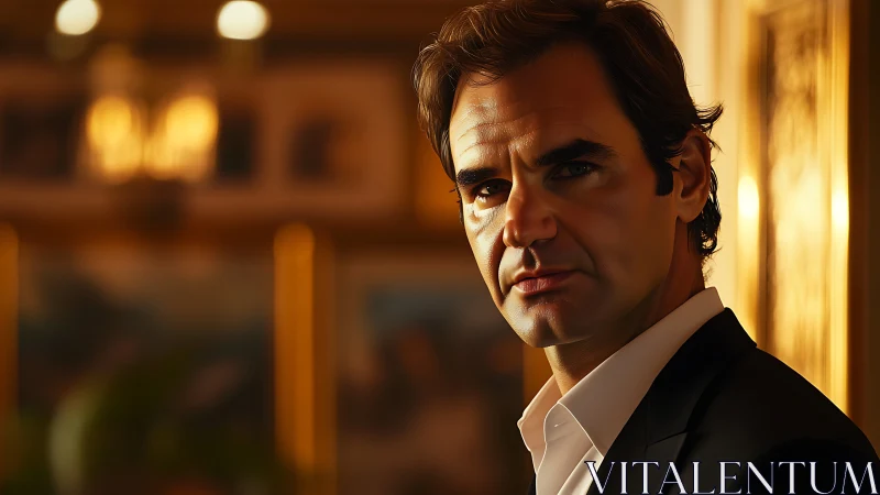 Golden-hour gentleman framed in cinematic soft-focus glow.