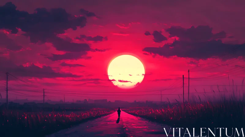 Gentle sunset walk beneath a glowing crimson sky.