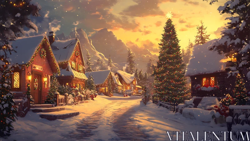Snowlit Christmas village street under glowing sunset sky.