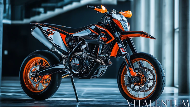 Orange and black supermoto motorcycle in modern interior space.