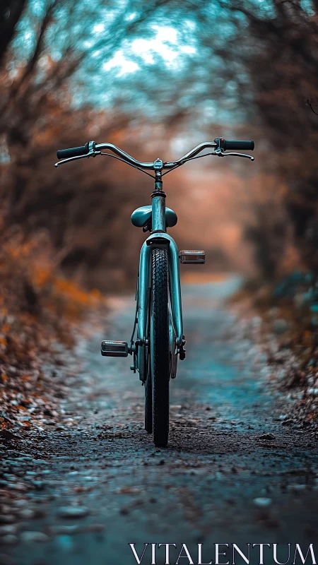Bicycle on Forest Path with Dappled Light.
