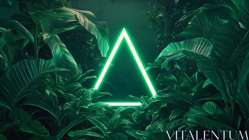 Neon triangle glows within dense emerald jungle foliage.