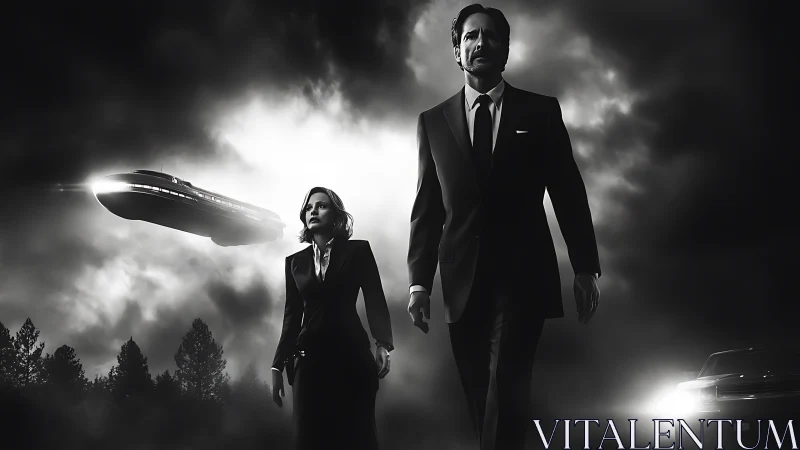 Noir agents stride beneath stormlit alien visitation.