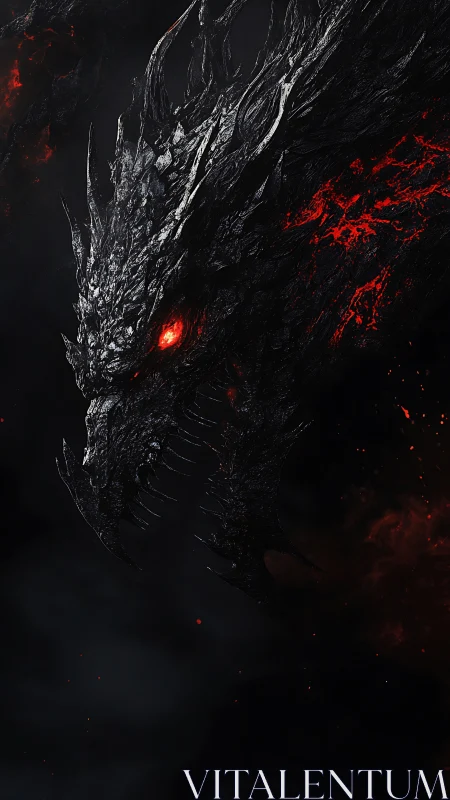 Charred black dragon head with glowing molten eye detail.