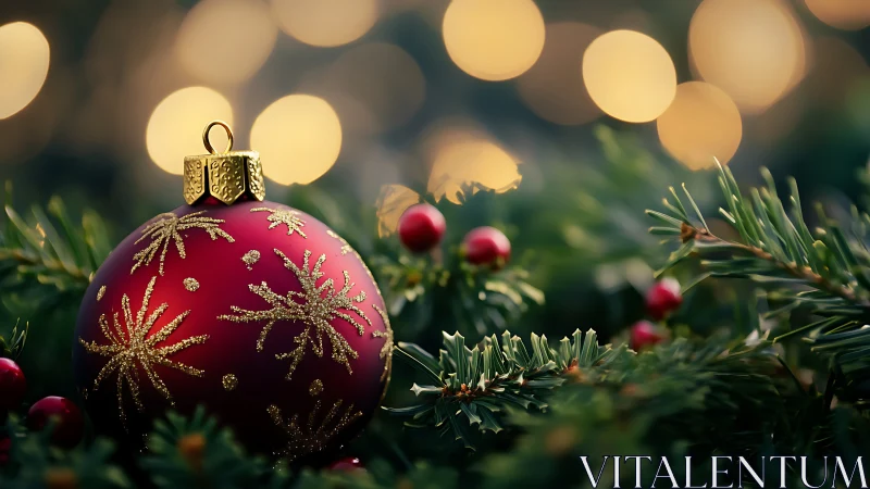 Red ornament nestles in evergreen branches under golden lights.
