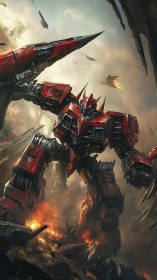 Red mechanized warframe amid aerial invasion theater.