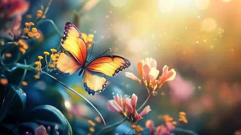 Butterfly drifting through sunlit flowers and soft daydreams.