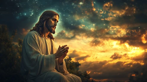 Figure in robes is depicted seated against a luminous sky