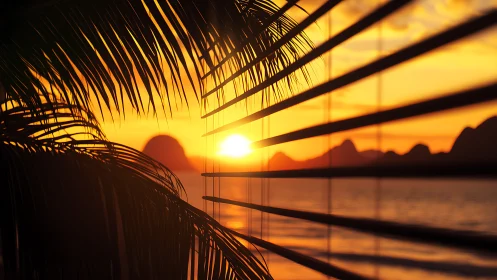 Tropical sunset framed by blinds and palm silhouettes.