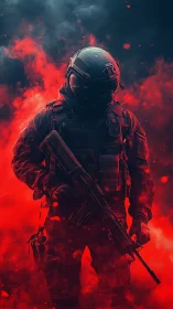 Armored guardian emerging through fiery red smoke.