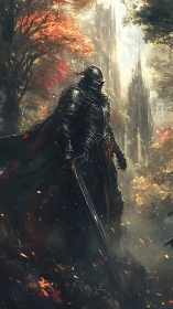 Dark armored knight standing in misty autumn forest.