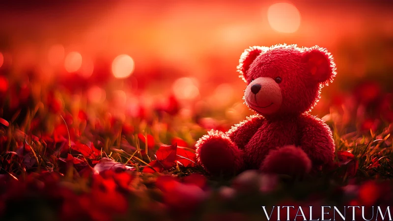 Sunset cuddle bear in a meadow of glowing scarlet petals.