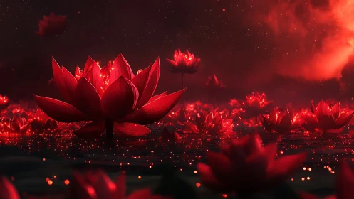 Red lotus field over dark reflective water at night.