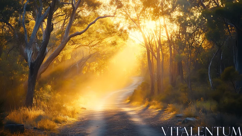 Sunlit forest path with golden morning light and misty air.