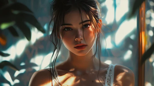 Digital portrait of woman in dappled indoor foliage light