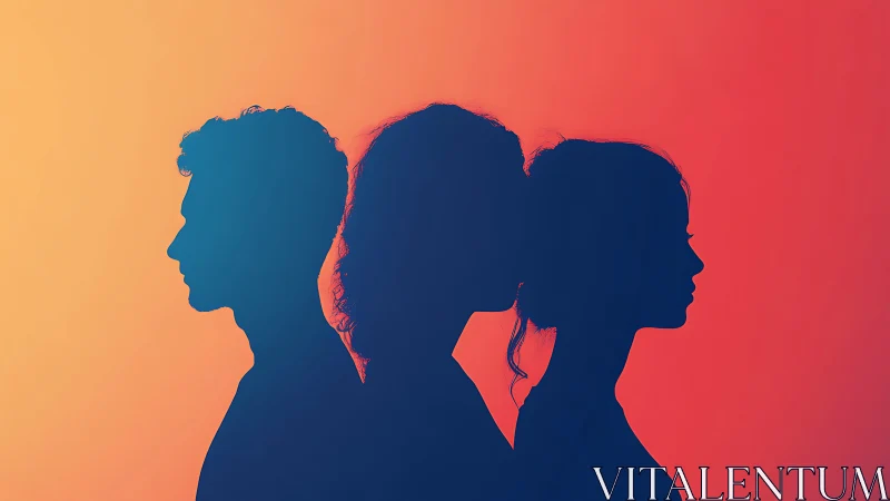Silhouetted trio contemplate connection in warm gradient light