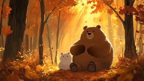 Autumn forest bears share warm light under golden canopy.
