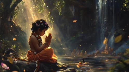 Young child praying by river in mystical forest light.