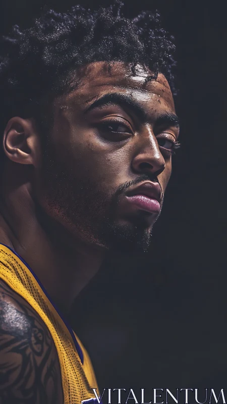 Intense close-up portrait of focused basketball player.