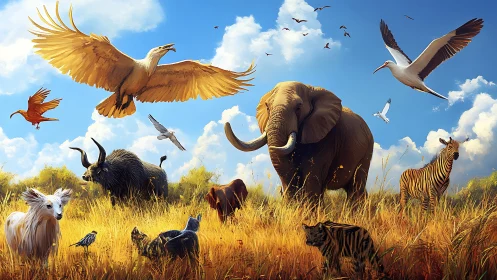 Digital painting of diverse savanna wildlife in luminous light.