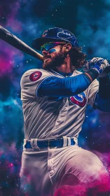 Baseball slugger swings bat amid neon cosmic vapor clouds