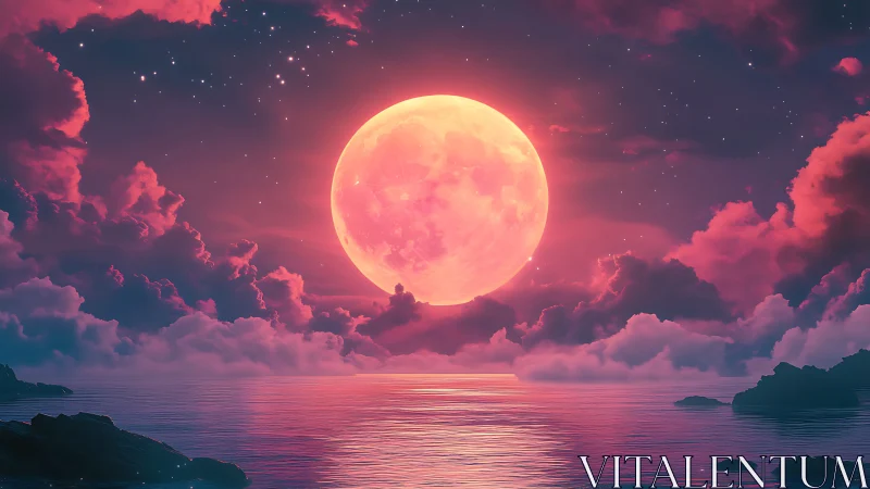 Celestial pink moonrise above reflective neon seascape.
