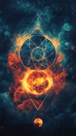 Geometric fiery orb floats in teal cosmic nebula field