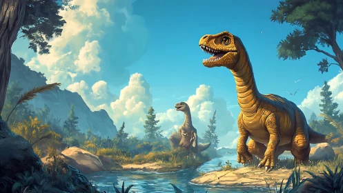 Digital painting of dinosaurs in lush prehistoric river valley.