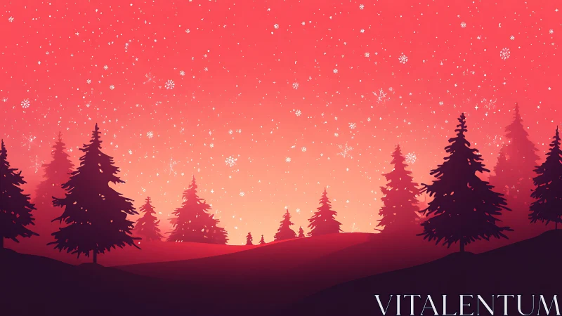 Red winter forest skyline under falling snow at dusk.