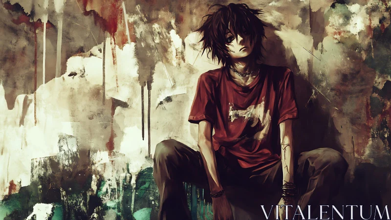 Disheveled youth against abstract stained concrete wall.