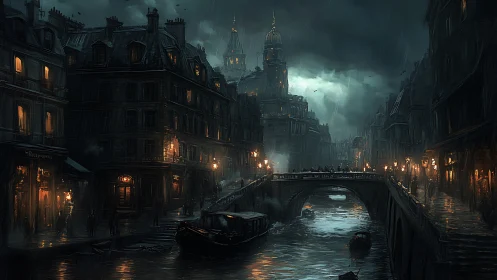 Gothic canal city glows under storm-soaked midnight skies.