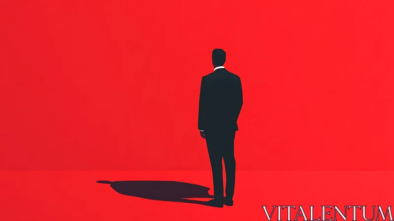 Solitary Businessman Cast Against Vivid Crimson Backdrop.