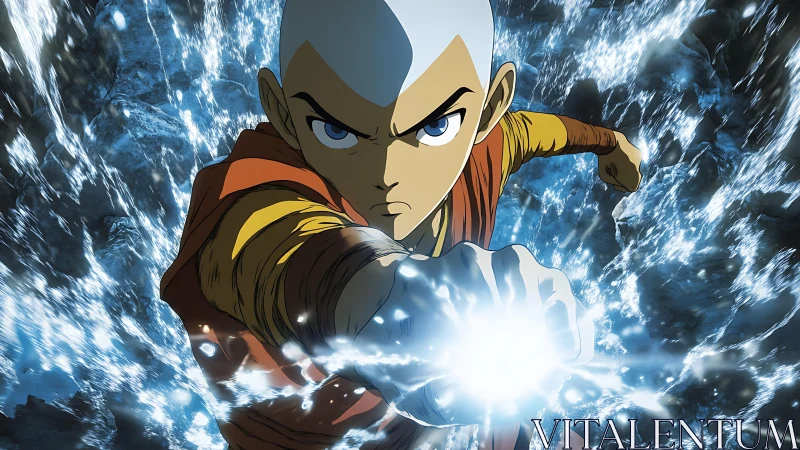 Young elemental warrior channels blinding water energy blast.