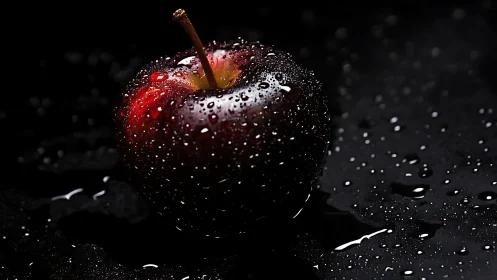 Photorealistic wet red apple on dark reflective surface.