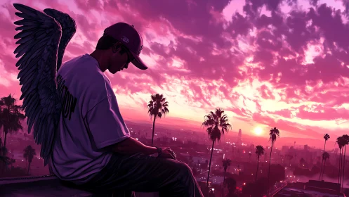 Winged urban loner watches neon sunset above city