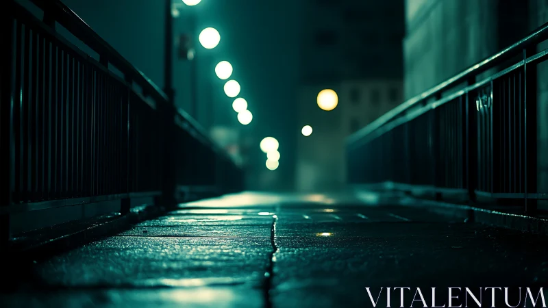 Glimmering city bridge walkway glows softly on a rainy night