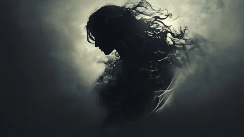 Ethereal female silhouette dissolving into swirling smoke.