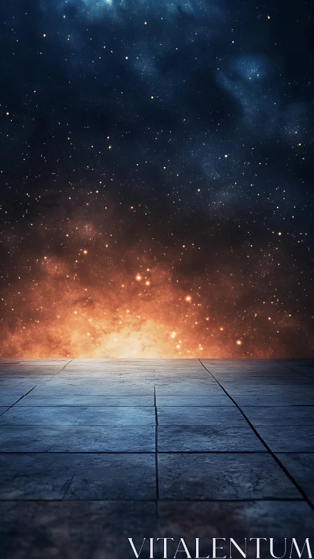 Stone platform extends toward glowing nebula under stars