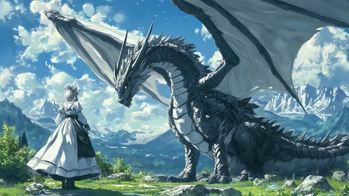 Maid and silver dragon stand amid panoramic alpine landscape