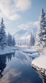 Silence of blue river and crystal pines in winter hush.