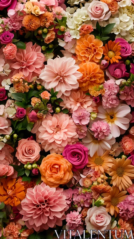 Polychromatic Floral Arrangement: Dense Layered Blooms with Warm Color Palette.